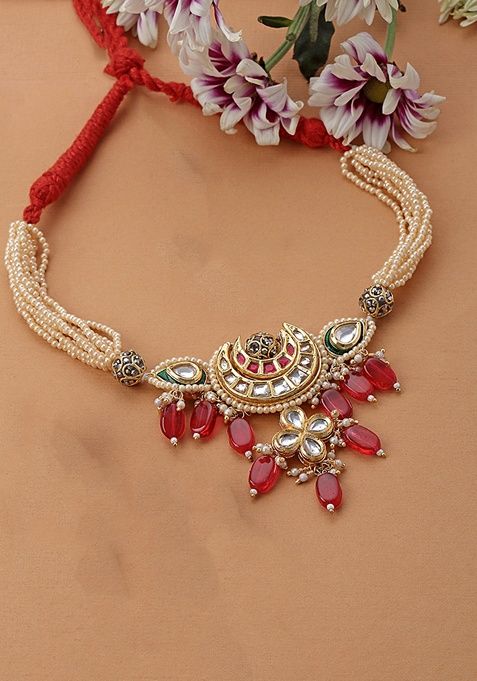 Red And Cream Gold Plated Kundan American Diamond Choker Necklaces