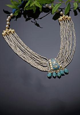 Blue And Cream Gold Plated Kundan Pearl Haar Necklaces