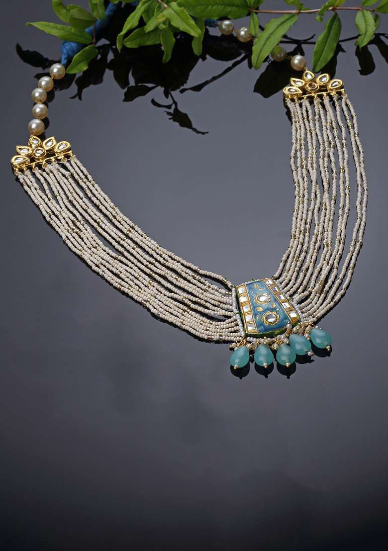 Blue And Cream Gold Plated Kundan Pearl Haar Necklaces - Indya