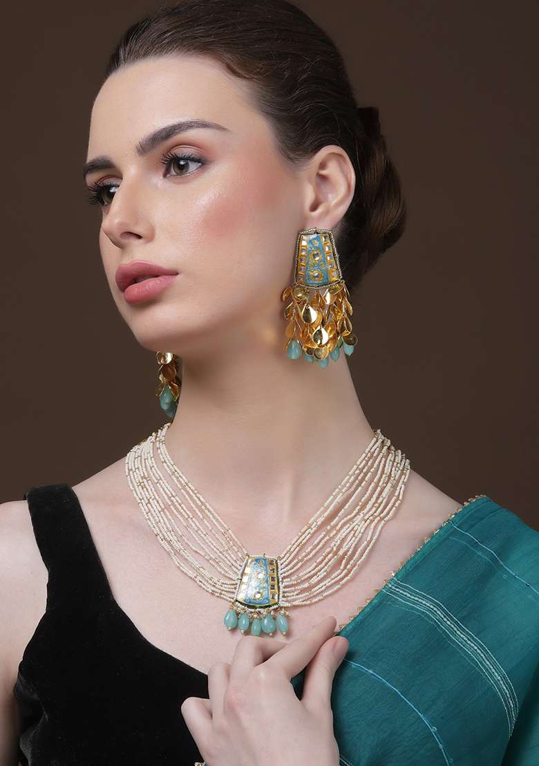 Blue And Cream Gold Plated Kundan Pearl Haar Necklaces - Indya