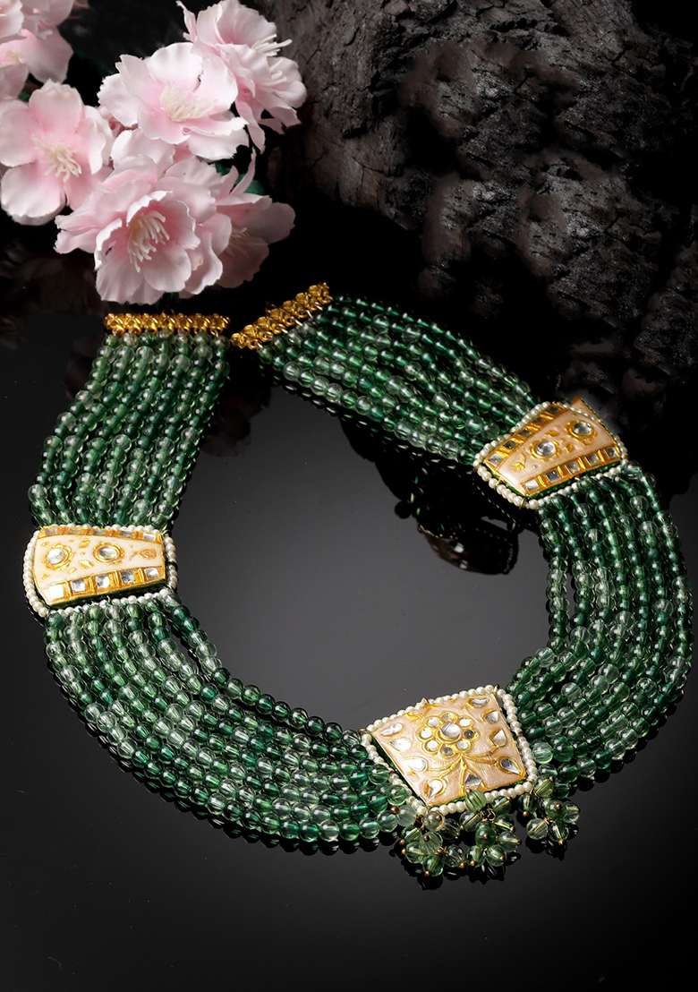 Green And Cream Gold Plated Kundan Pearl Haar Necklaces - Indya
