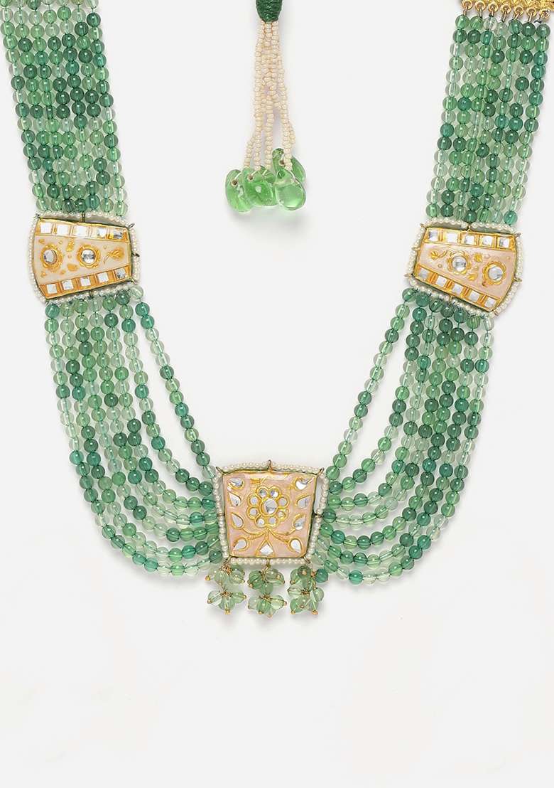 Green And Cream Gold Plated Kundan Pearl Haar Necklaces - Indya