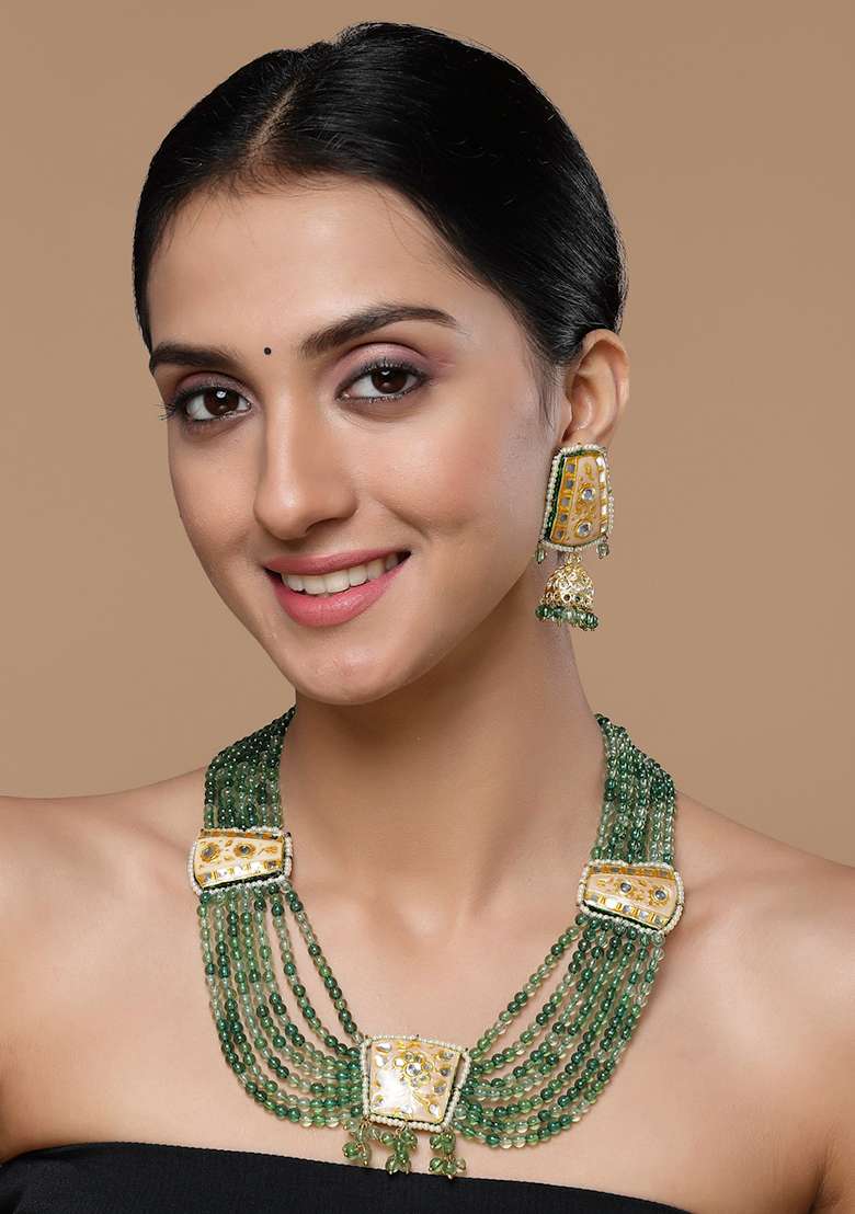 Green And Cream Gold Plated Kundan Pearl Haar Necklaces - Indya