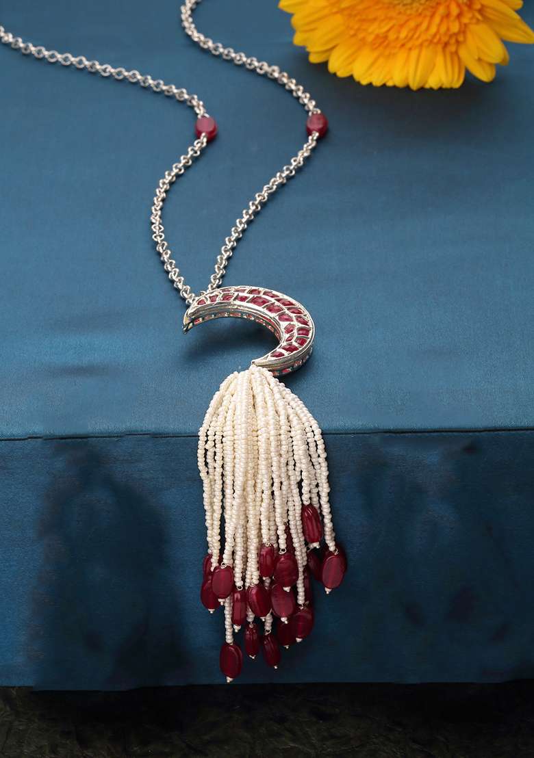 Pink And Silver Gold Plated Kundan Pearl Haar Necklaces - Indya