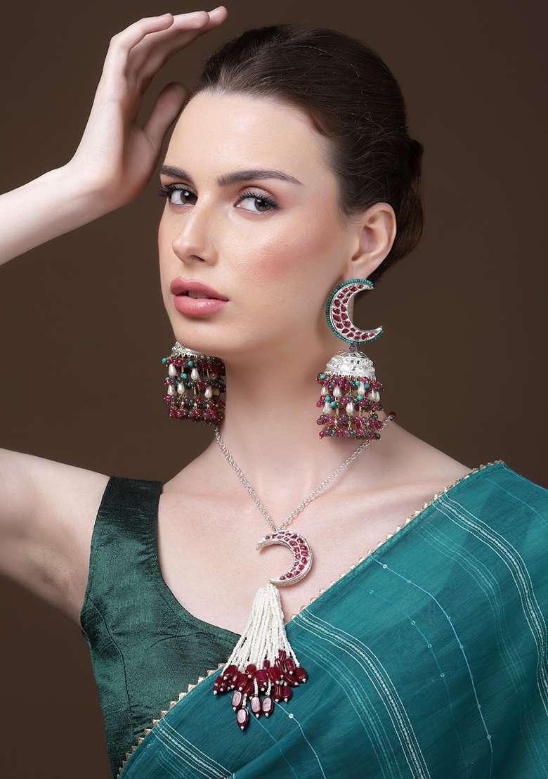 Pink And Silver Gold Plated Kundan Pearl Haar Necklaces - Indya