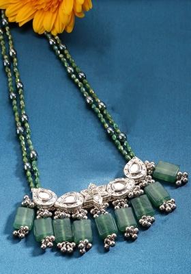 Green And Grey Gold Plated Kundan Pearl Haar Necklaces