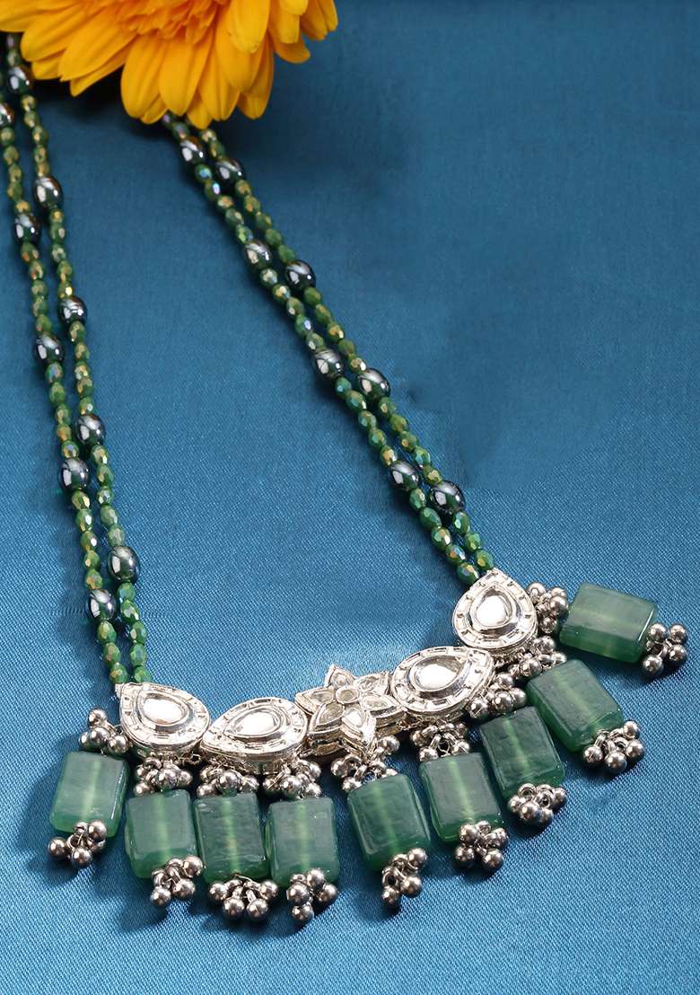 Green And Grey Gold Plated Kundan Pearl Haar Necklaces - Indya