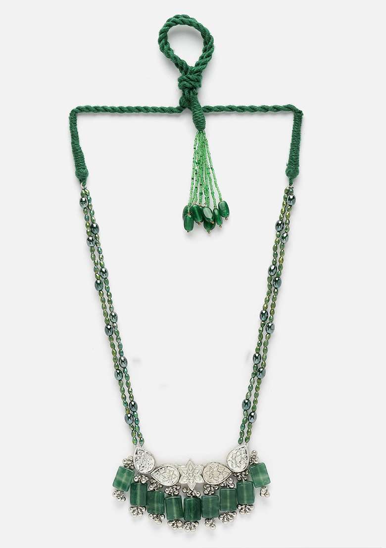 Green And Grey Gold Plated Kundan Pearl Haar Necklaces - Indya