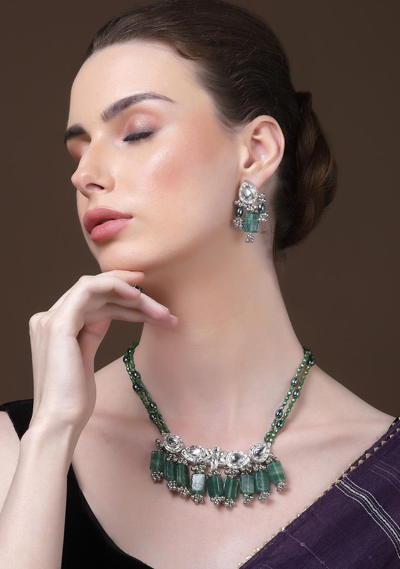 Green And Grey Gold Plated Kundan Pearl Haar Necklaces - Indya