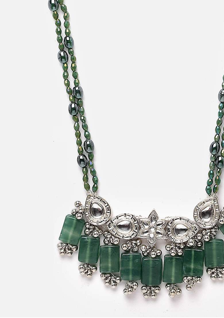 Green And Grey Gold Plated Kundan Pearl Haar Necklaces - Indya