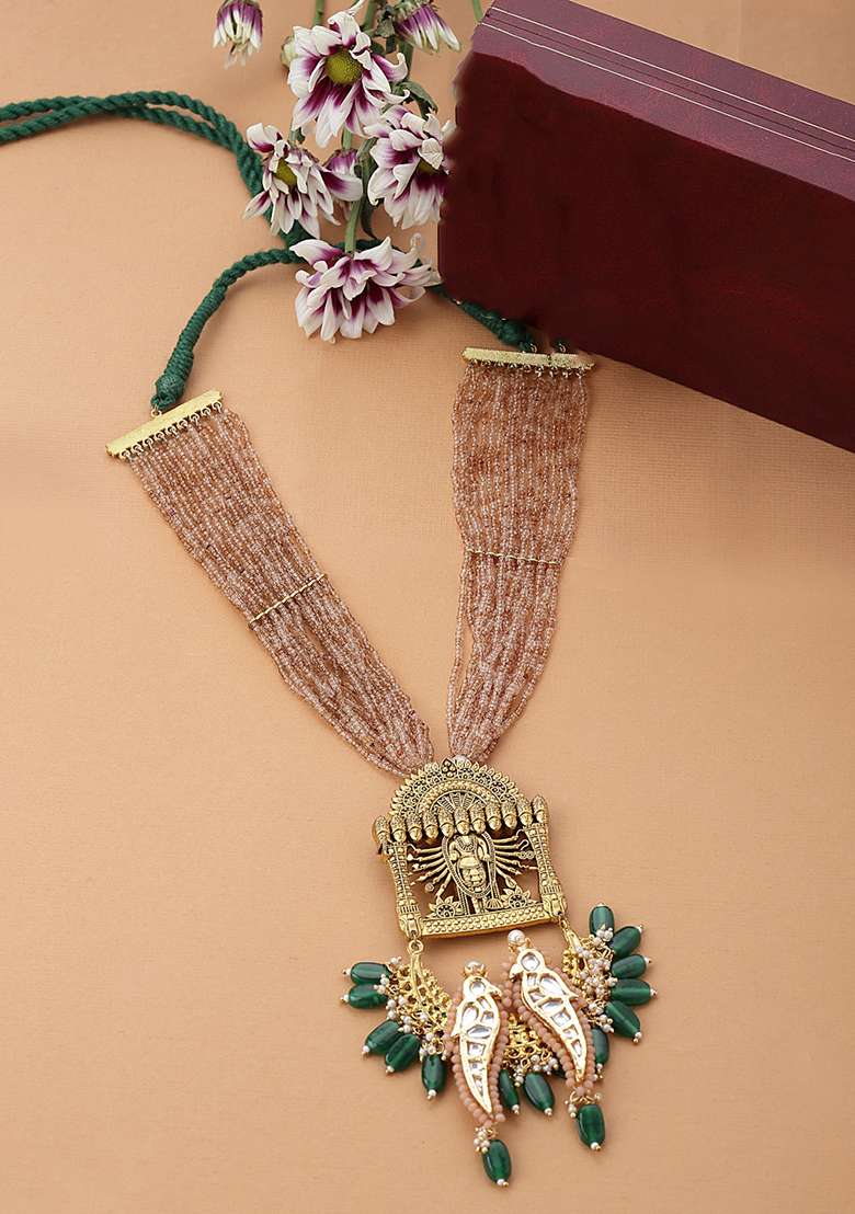 Brown And Green Gold Plated Kundan Pearl Haar Necklaces - Indya