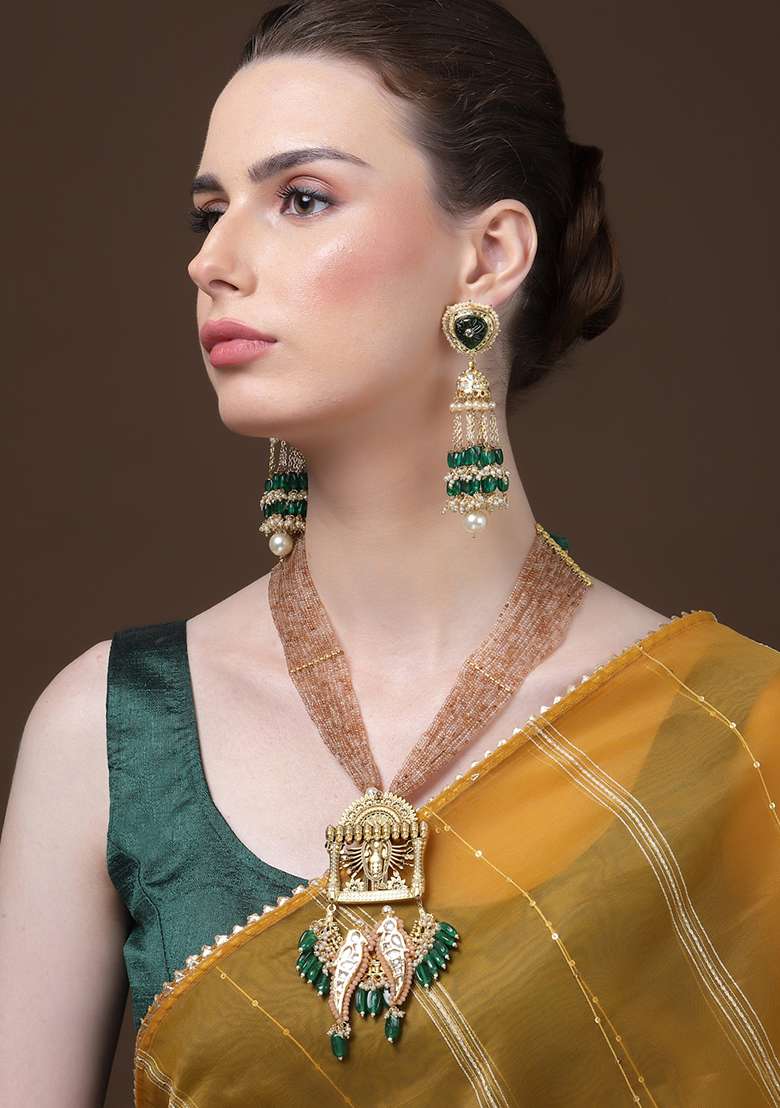 Brown And Green Gold Plated Kundan Pearl Haar Necklaces - Indya