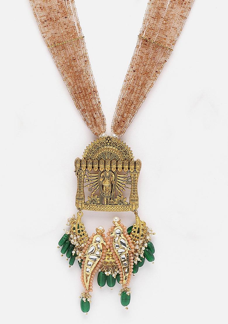 Brown And Green Gold Plated Kundan Pearl Haar Necklaces - Indya
