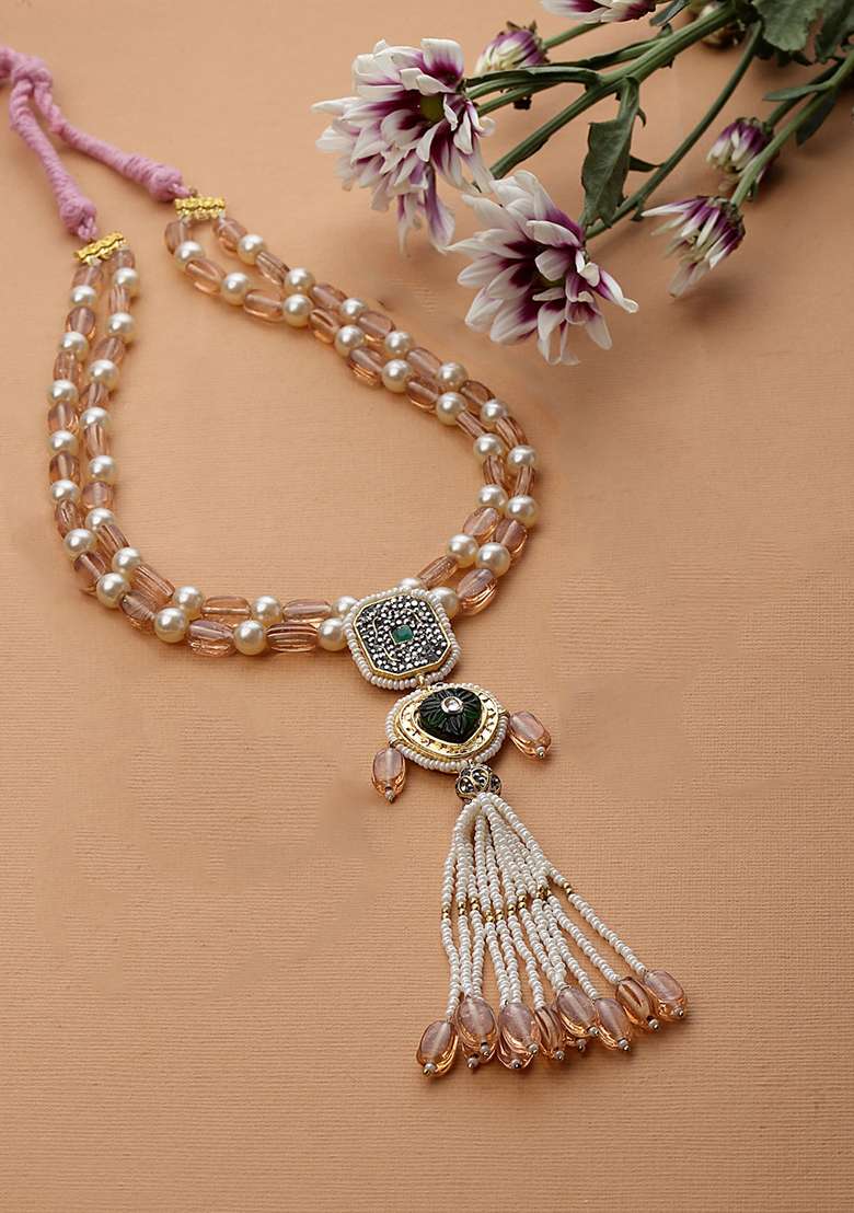 Peach And Green Gold Plated Kundan American Diamond Haar Necklaces - Indya