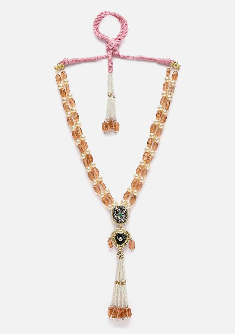 Peach And Green Gold Plated Kundan American Diamond Haar Necklaces - Indya