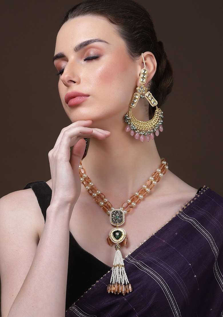 Peach And Green Gold Plated Kundan American Diamond Haar Necklaces - Indya