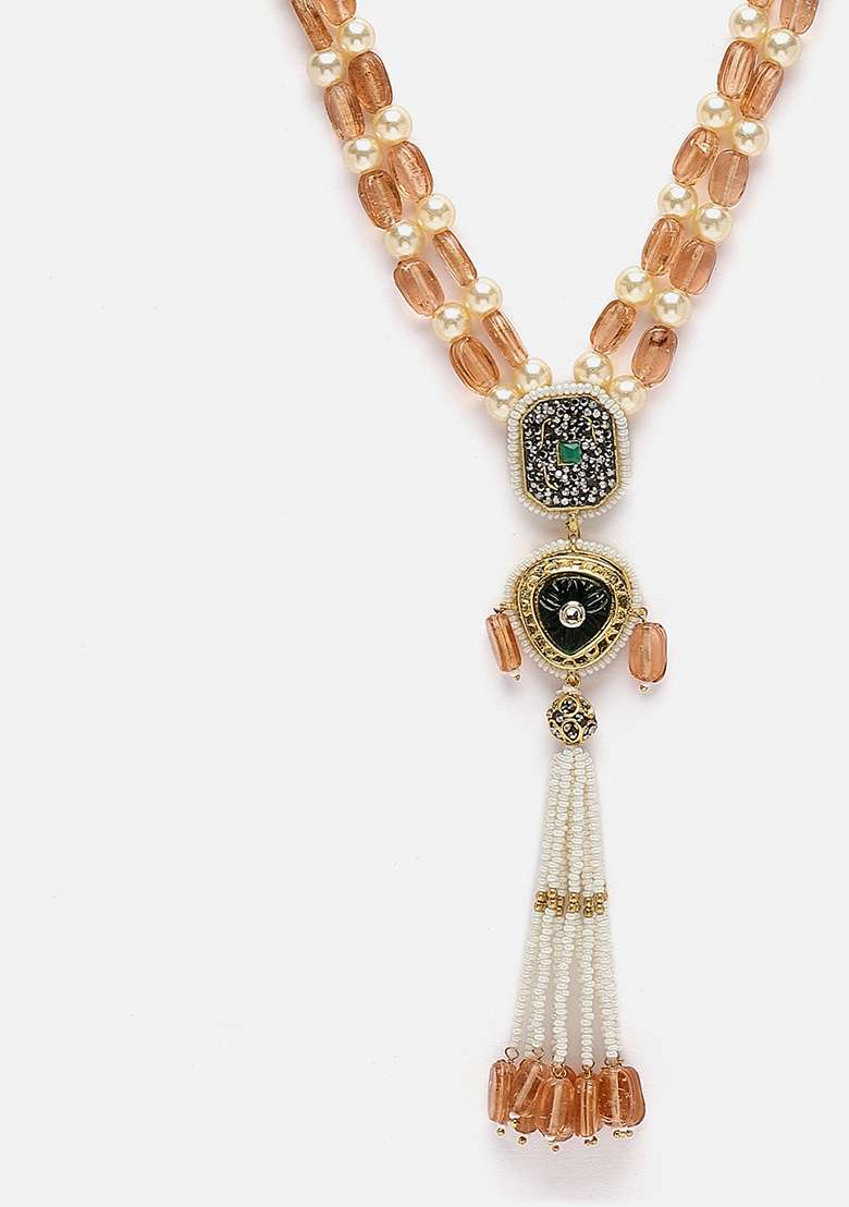 Peach And Green Gold Plated Kundan American Diamond Haar Necklaces - Indya