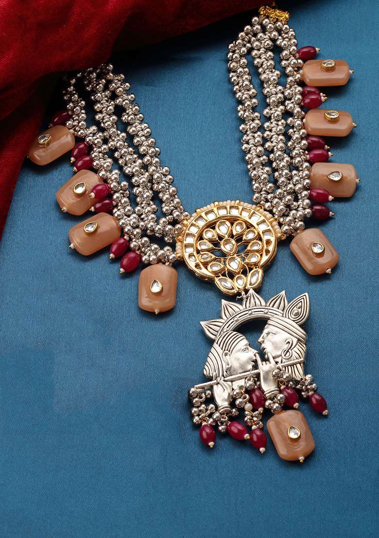 Orange And Silver Gold Plated Kundan Pearl Haar Necklaces - Indya
