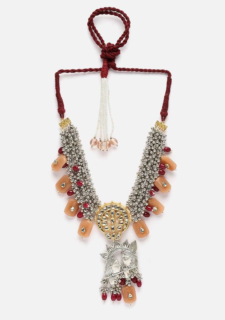Orange And Silver Gold Plated Kundan Pearl Haar Necklaces - Indya
