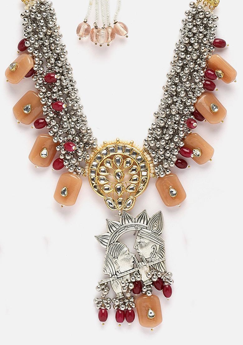 Orange And Silver Gold Plated Kundan Pearl Haar Necklaces - Indya