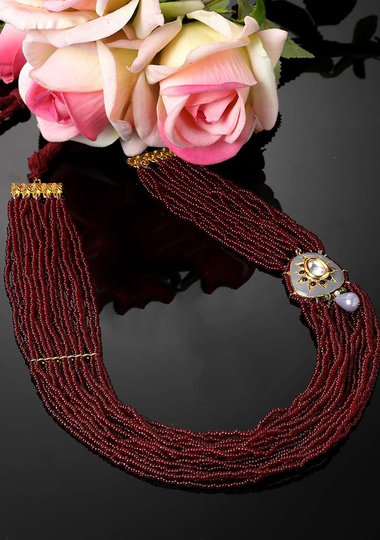 Red And Gray Gold Plated Kundan Pearl Layered Necklaces - Indya
