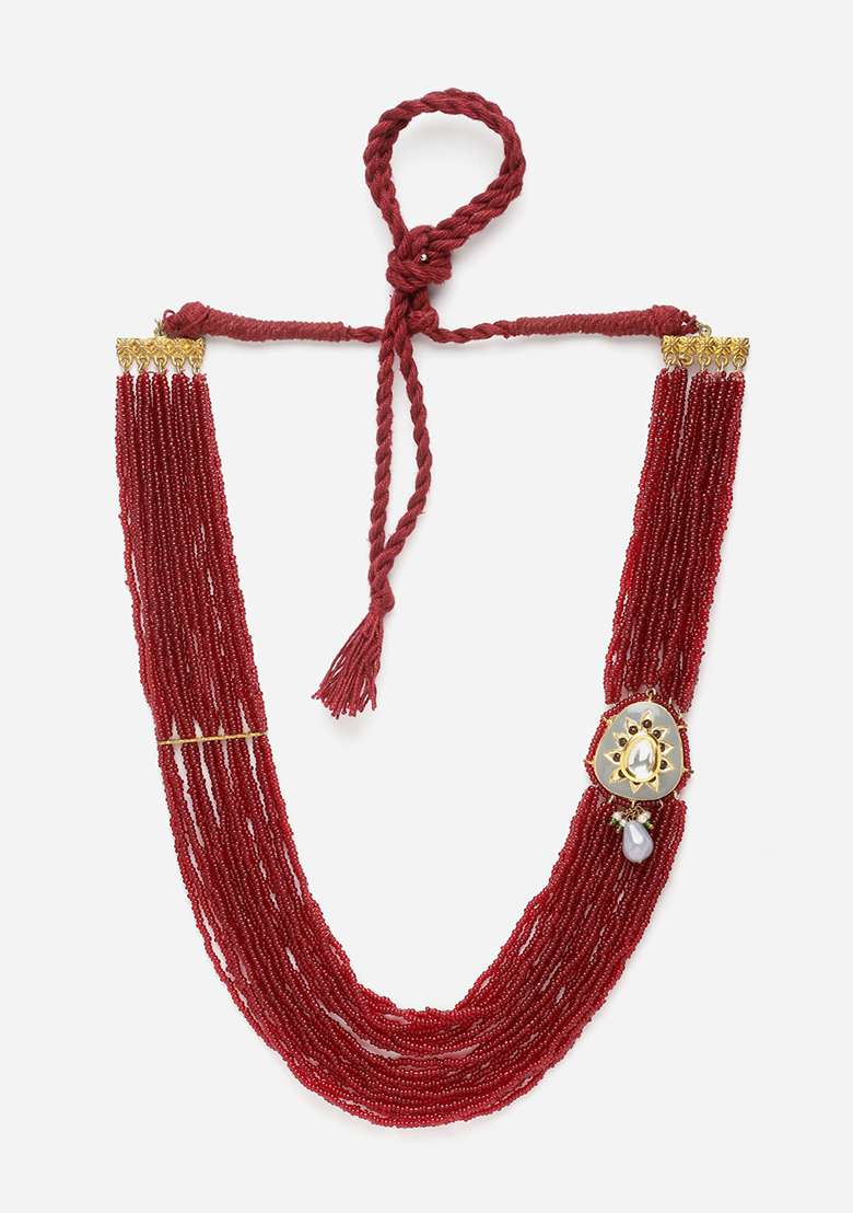 Red And Gray Gold Plated Kundan Pearl Layered Necklaces - Indya