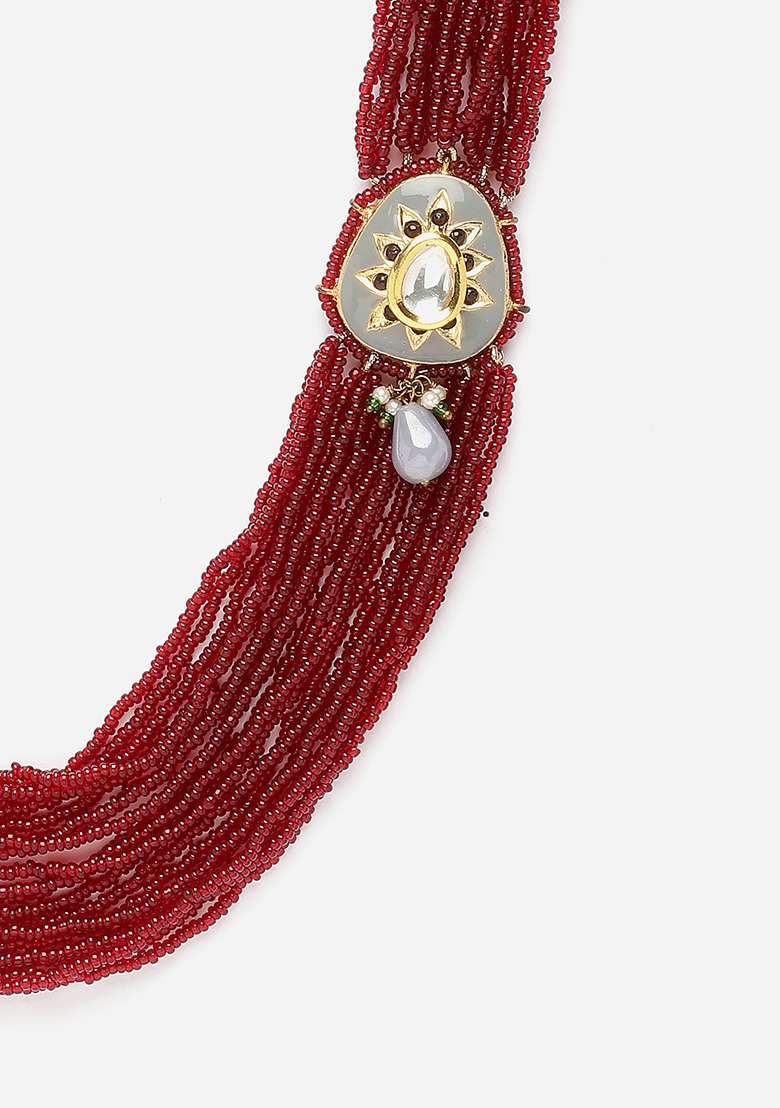 Red And Gray Gold Plated Kundan Pearl Layered Necklaces - Indya