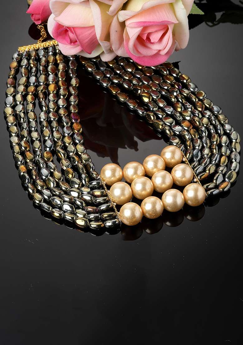 Black And Cream Gold Plated Pearl Natural Stone Layered Necklaces - Indya