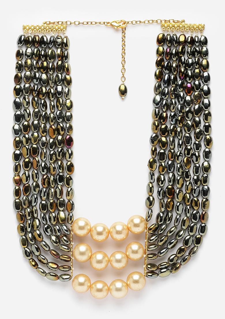 Black And Cream Gold Plated Pearl Natural Stone Layered Necklaces - Indya