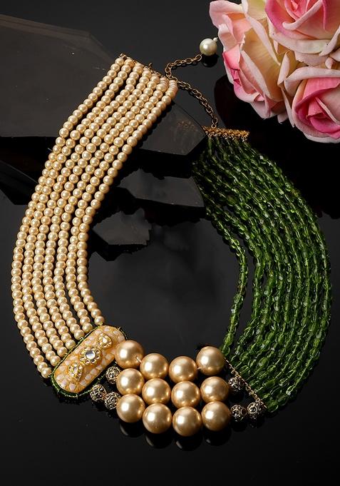 Green And Peach Gold Plated Kundan American Diamond Layered Necklaces