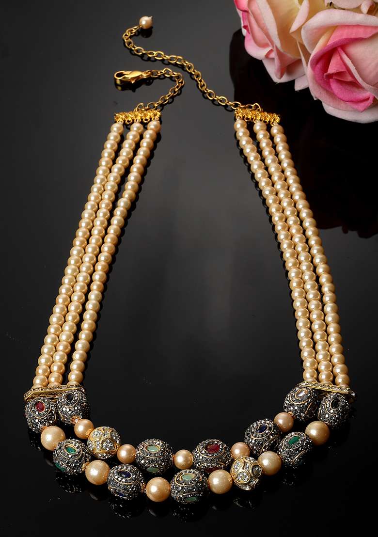 Green And Pink Gold Plated Kundan American Diamond Layered Necklaces - Indya