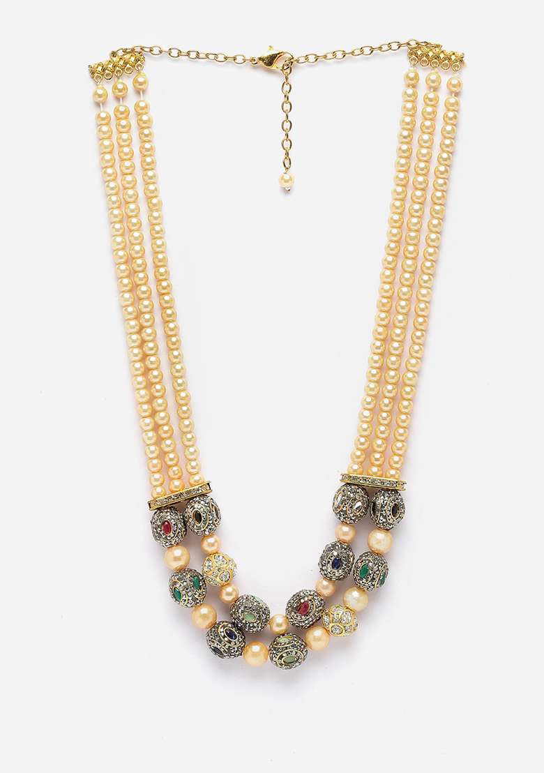 Green And Pink Gold Plated Kundan American Diamond Layered Necklaces - Indya