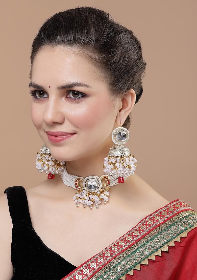 Red And White Gold Plated Kundan American Diamond Choker Necklaces