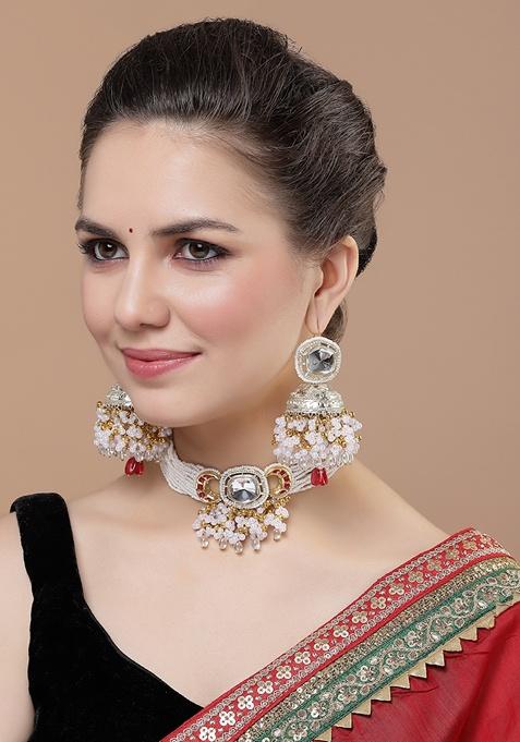 Red And White Gold Plated Kundan American Diamond Choker Necklaces