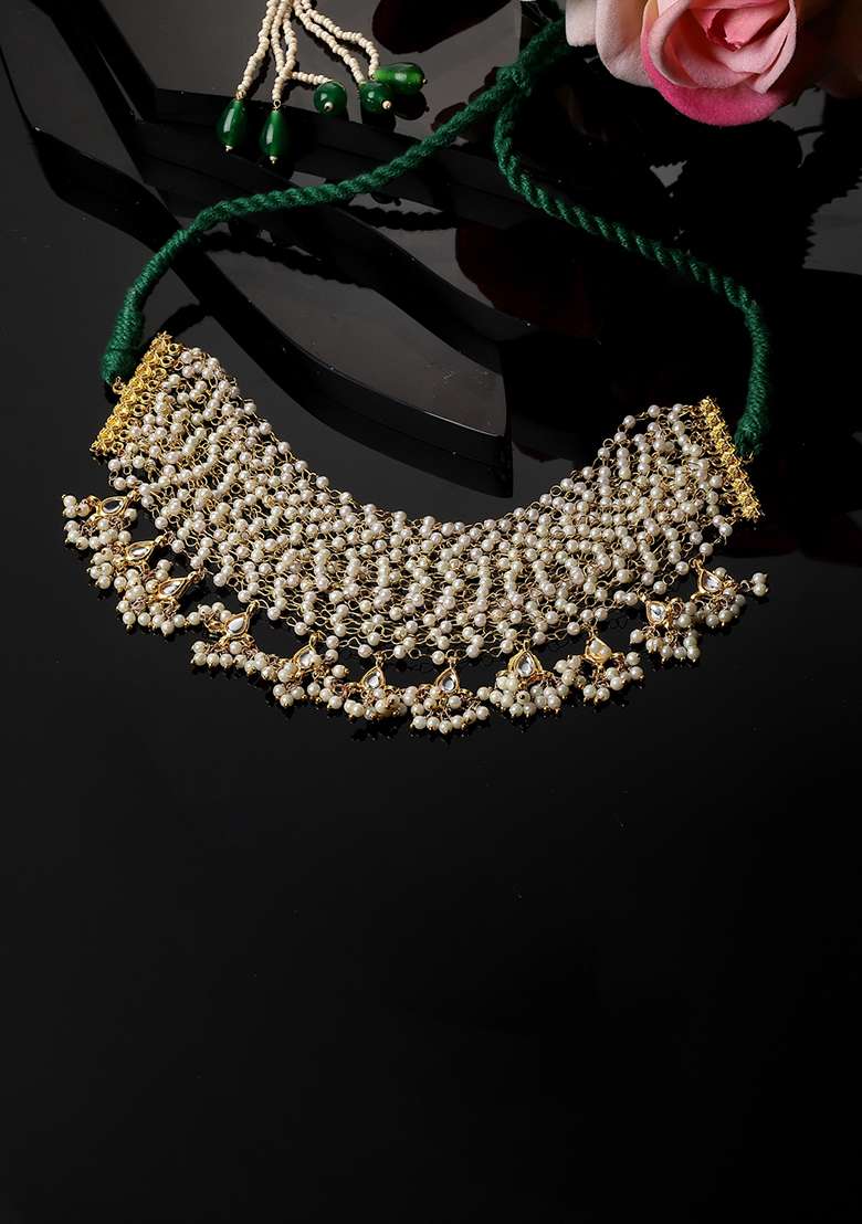 Green And Peach Gold Plated Kundan Pearl Choker Necklaces - Indya