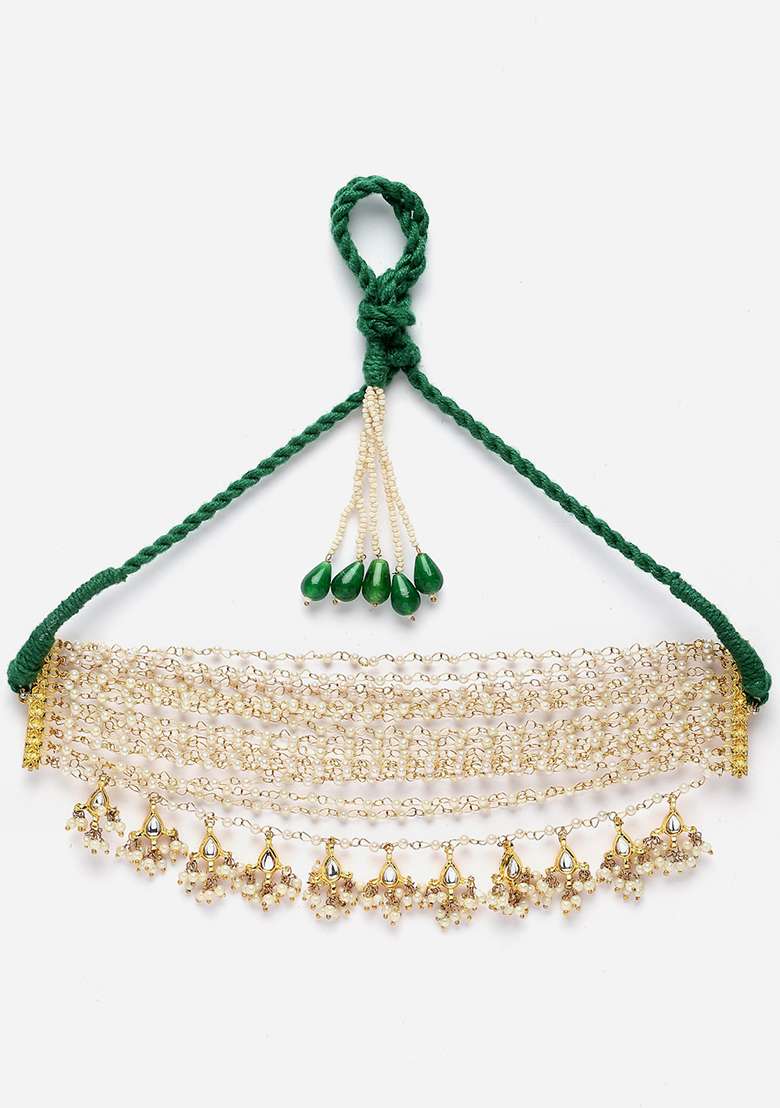 Green And Peach Gold Plated Kundan Pearl Choker Necklaces - Indya