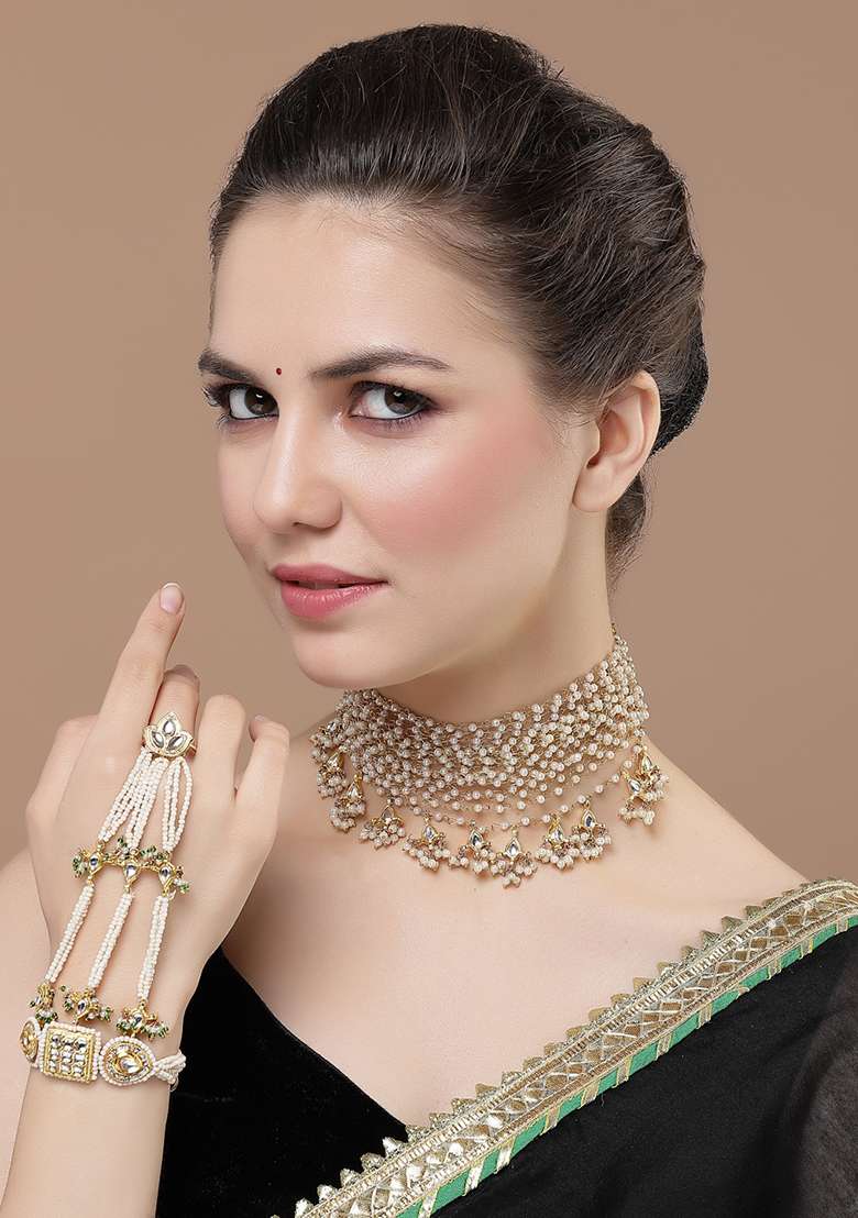 Green And Peach Gold Plated Kundan Pearl Choker Necklaces - Indya