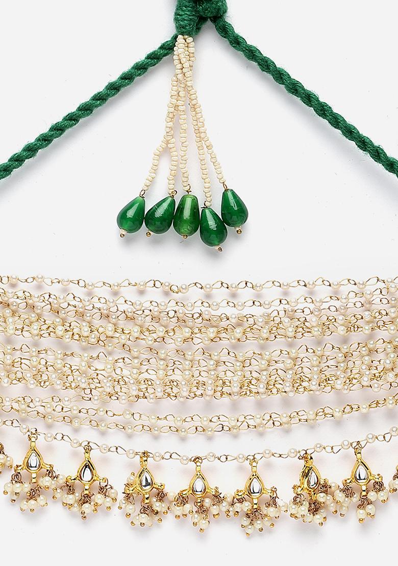 Green And Peach Gold Plated Kundan Pearl Choker Necklaces - Indya
