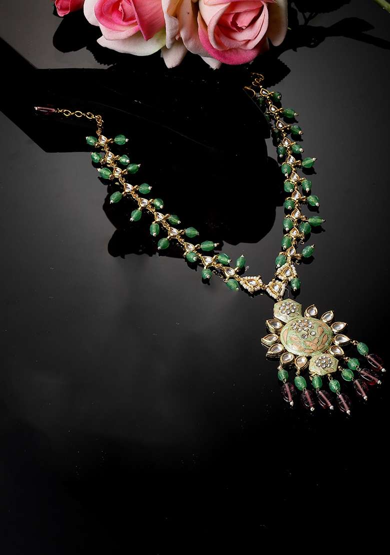 Green And Maroon Gold Plated Kundan Pearl Haar Necklaces - Indya