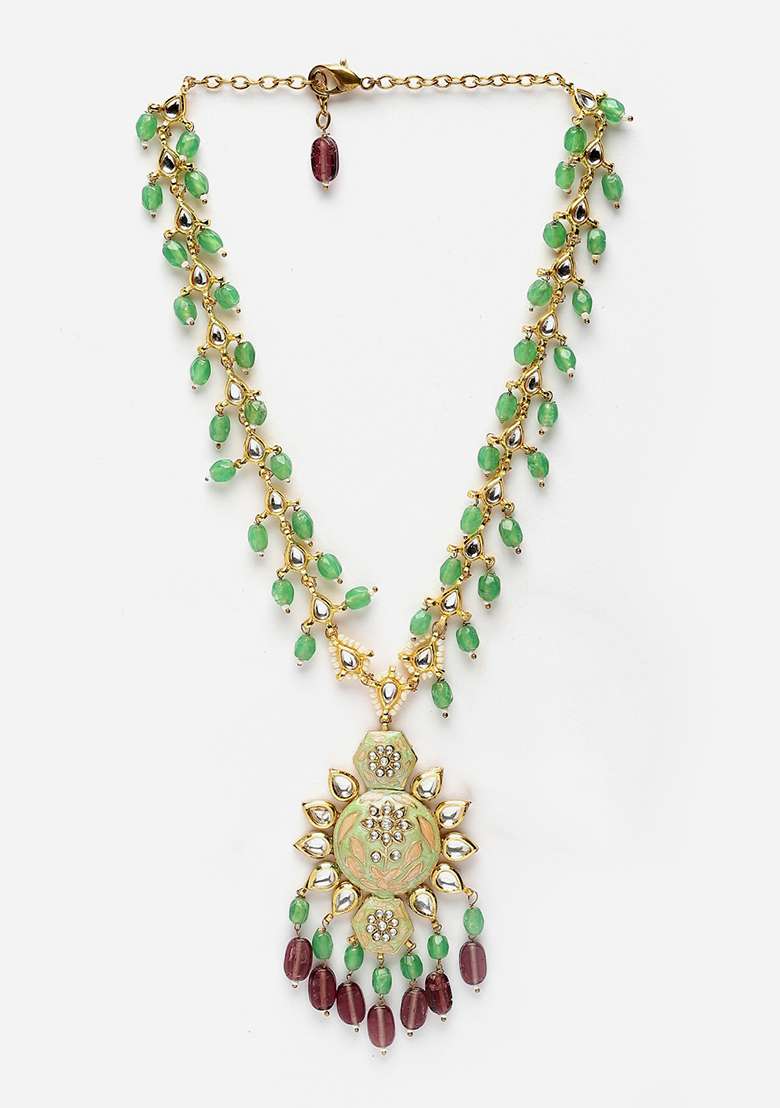 Green And Maroon Gold Plated Kundan Pearl Haar Necklaces - Indya
