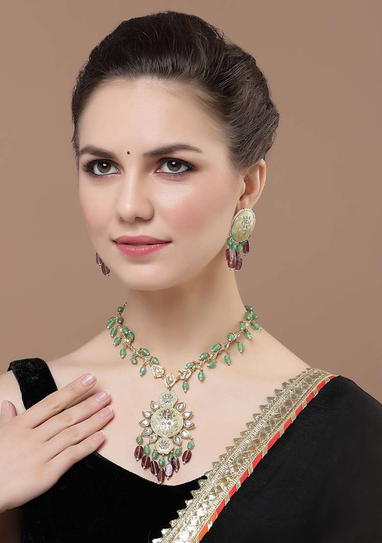 Green And Maroon Gold Plated Kundan Pearl Haar Necklaces - Indya