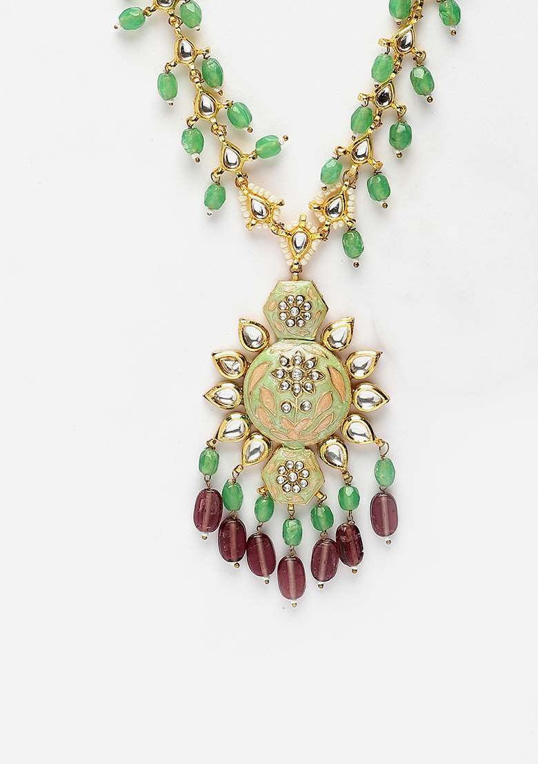 Green And Maroon Gold Plated Kundan Pearl Haar Necklaces - Indya