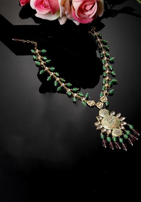 Green And Maroon Gold Plated Kundan Pearl Haar Necklaces