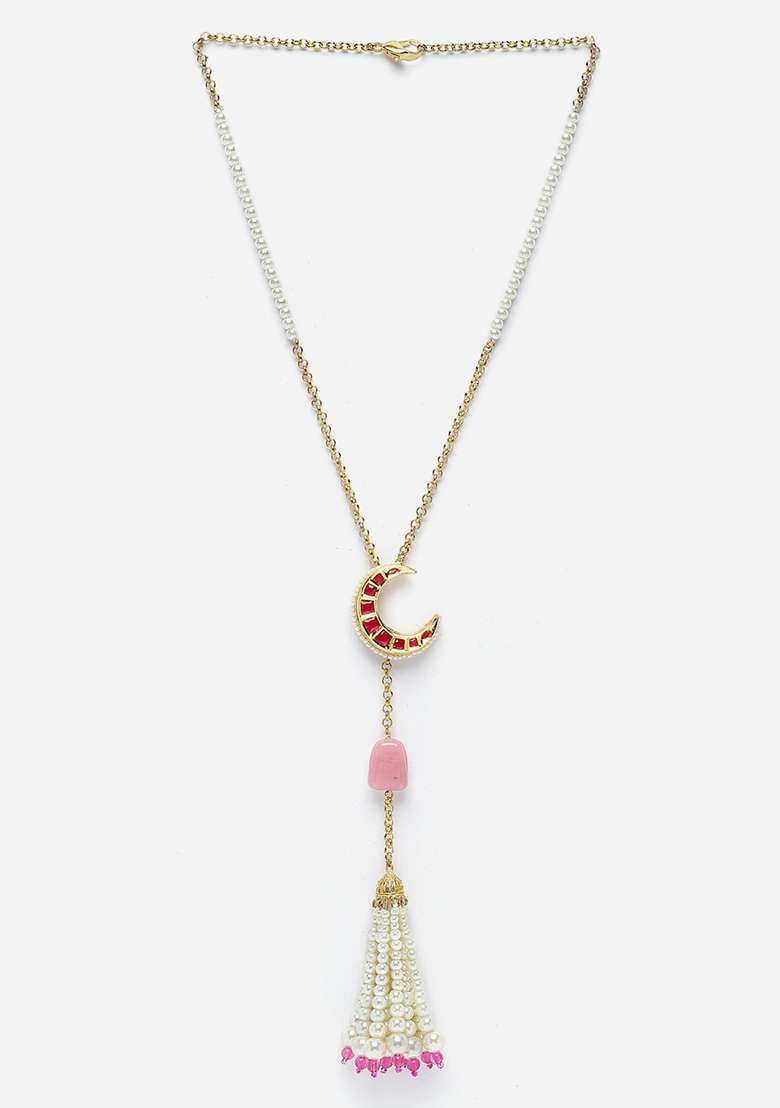 Red And Pink Gold Plated Pearl Natural Stone Haar Necklaces - Indya