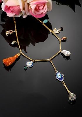 Orange And Blue Gold Plated American Diamonds Pearl Haar Necklaces