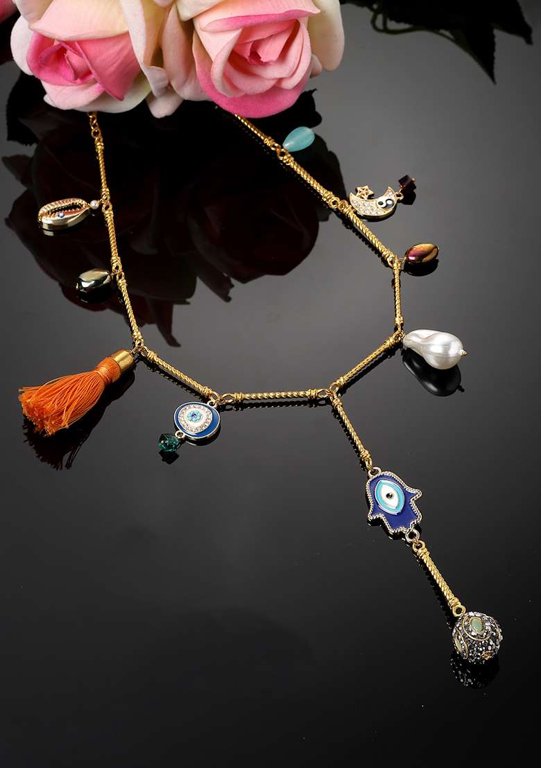 Orange And Blue Gold Plated American Diamonds Pearl Haar Necklaces - Indya