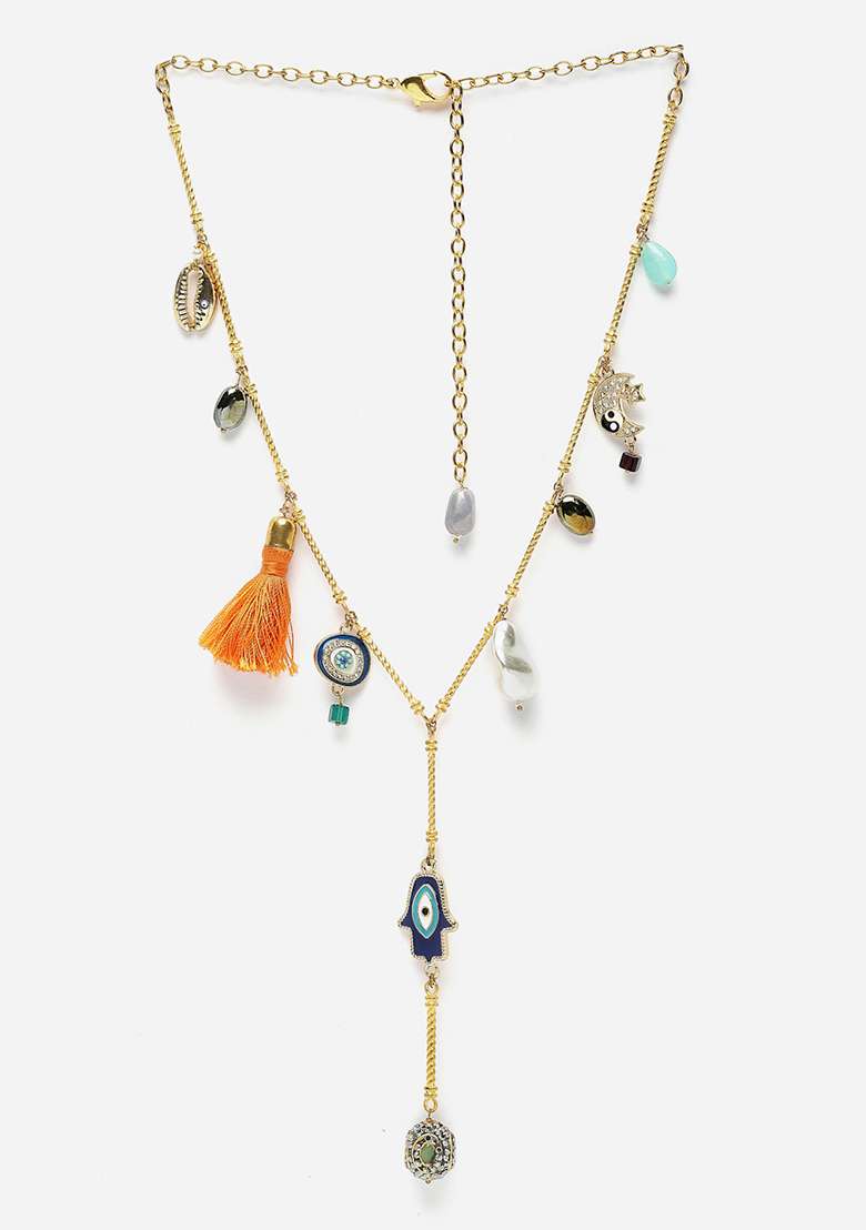 Orange And Blue Gold Plated American Diamonds Pearl Haar Necklaces - Indya