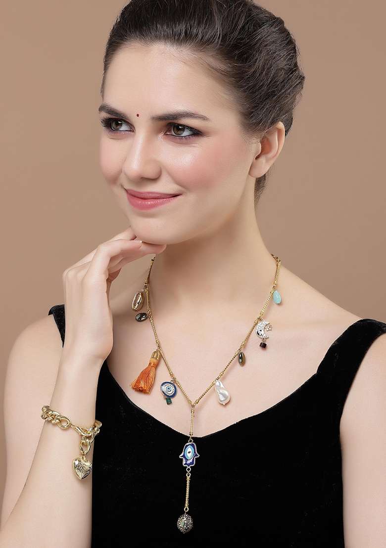 Orange And Blue Gold Plated American Diamonds Pearl Haar Necklaces - Indya
