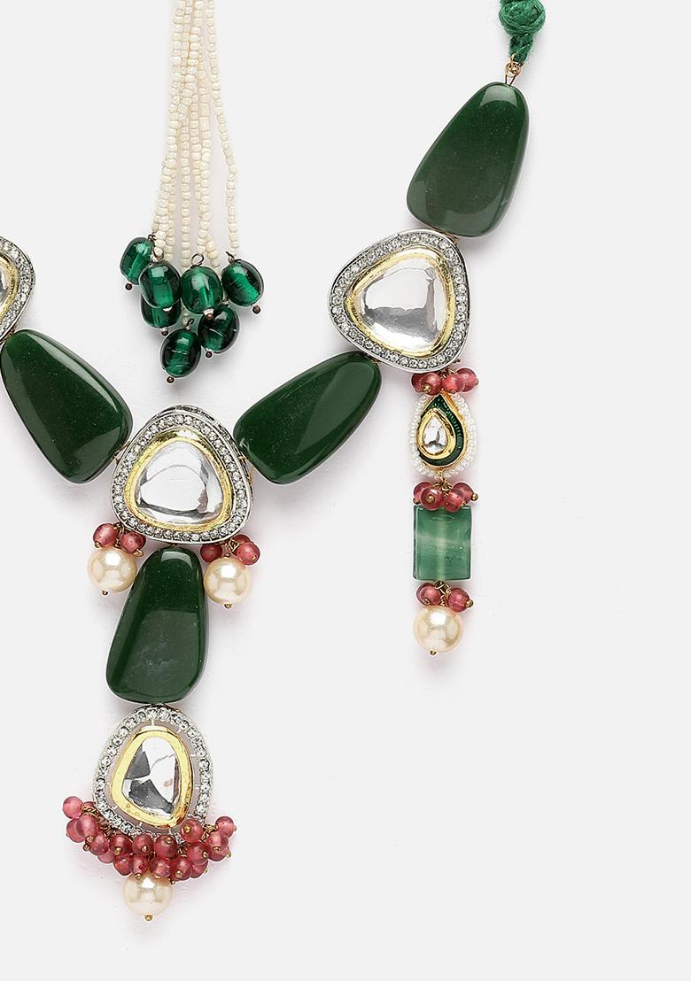 Green And Pink Gold Plated Kundan American Diamond Haar Necklaces - Indya