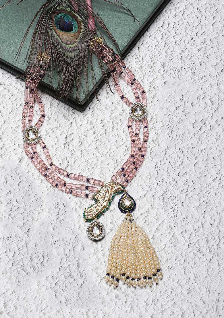 Pink And Green Gold Plated Kundan American Diamond Haar Necklaces - Indya